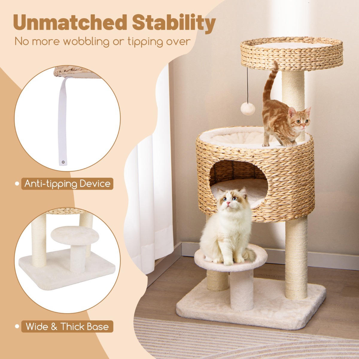 Modern Cat Tower with Hanging Toy and Anti-tipping Device