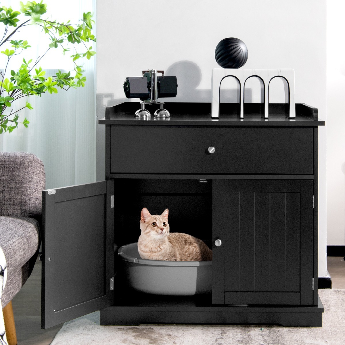 Modern Cat Litter Box Enclosure with Drawer & 2 Doors