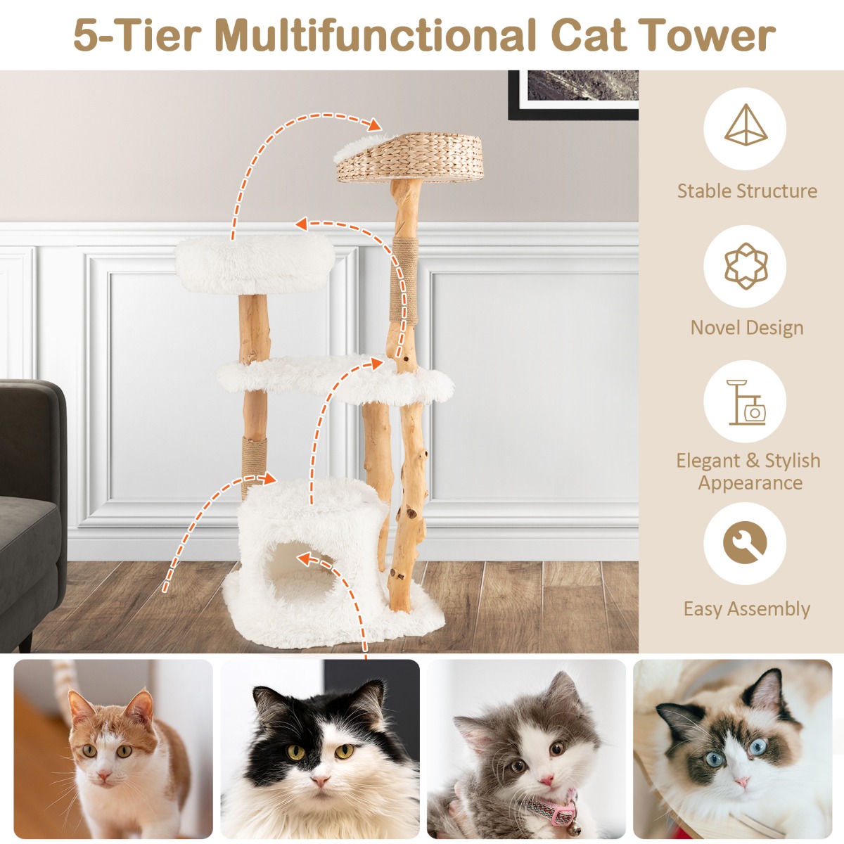 Furfurst 124 CM Tall Wooden Cat Tree with Jute Scratching Posts For Pet