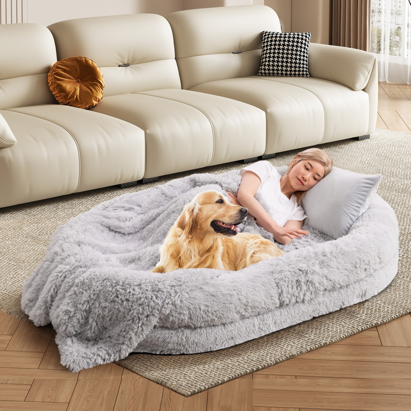 Furfurst Washable Fluffy Human Dog Bed with Soft Blanket and Plump Pillow