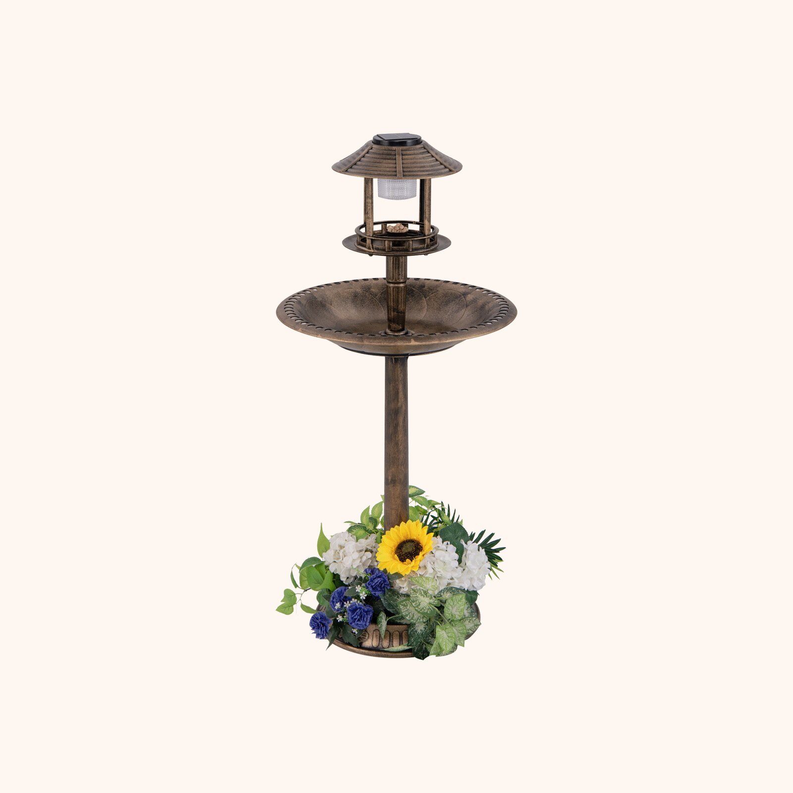 Furfurst Pedestal Bird Bath with Solar Light with Bird Feeder and Flower Planter