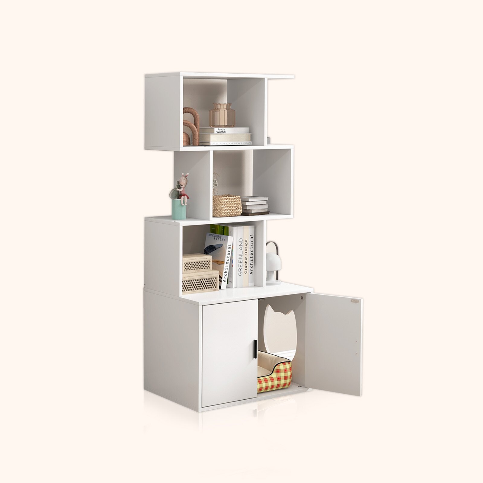 Furfurst Modern Cat Litter Box Enclosure with Storage Corner Bookshelf