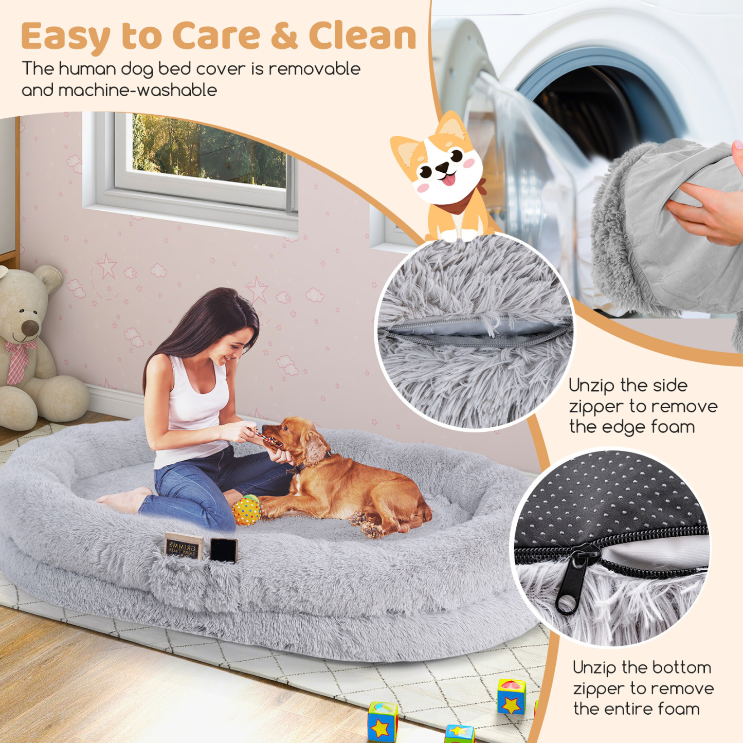 Furfurst Washable Fluffy Human Dog Bed with Soft Blanket and Plump Pillow