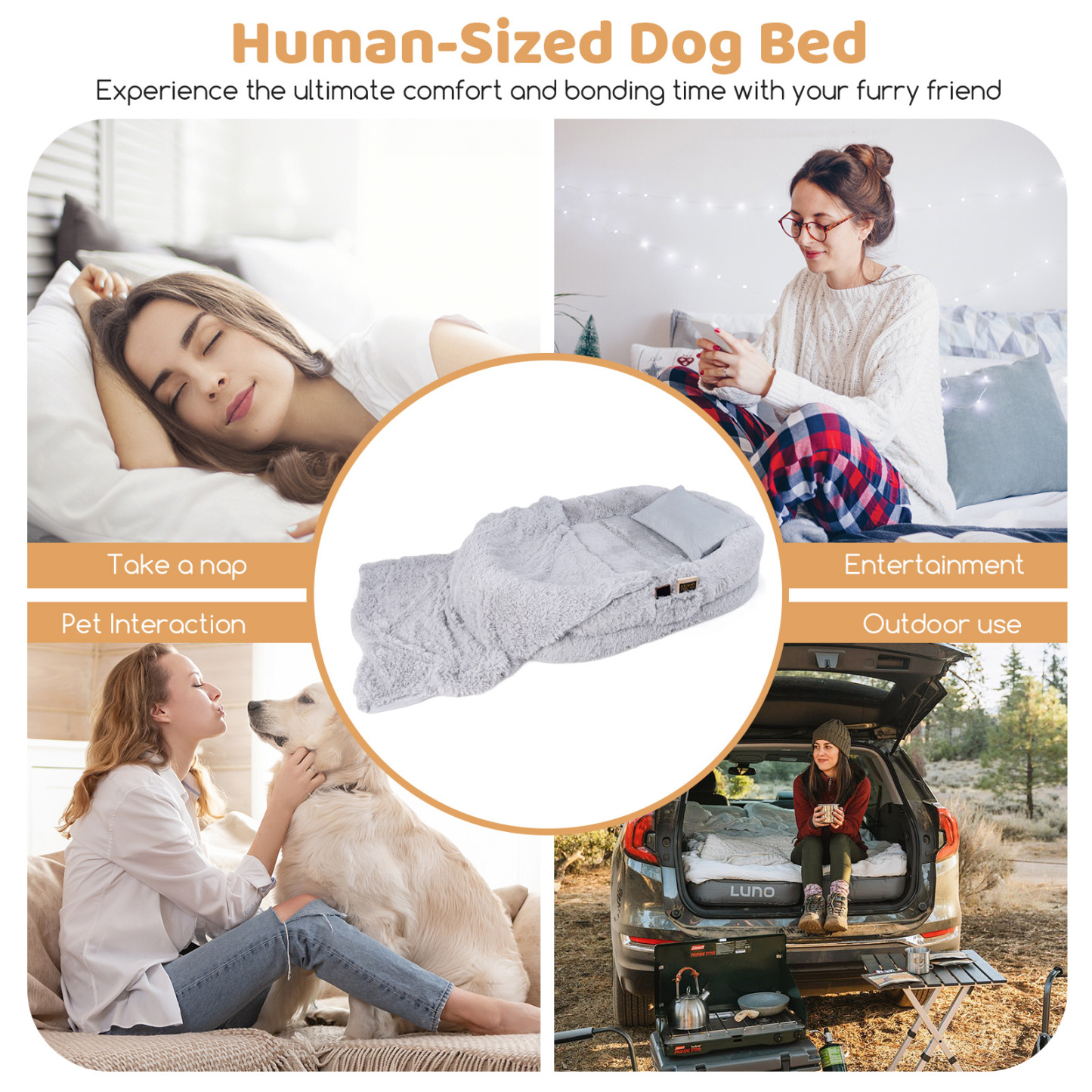 Furfurst Washable Fluffy Human Dog Bed with Soft Blanket and Plump Pillow