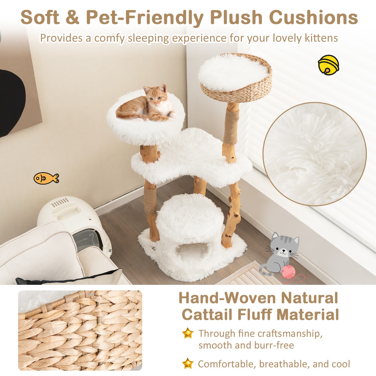 Furfurst 124 CM Tall Wooden Cat Tree with Jute Scratching Posts For Pet