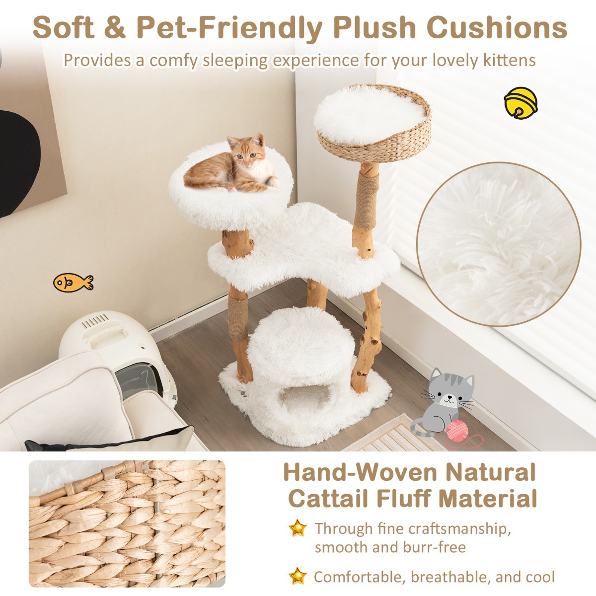 Furfurst 124 CM Tall Wooden Cat Tree with Jute Scratching Posts For Pet