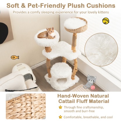Furfurst 124 CM Tall Wooden Cat Tree with Jute Scratching Posts For Pet