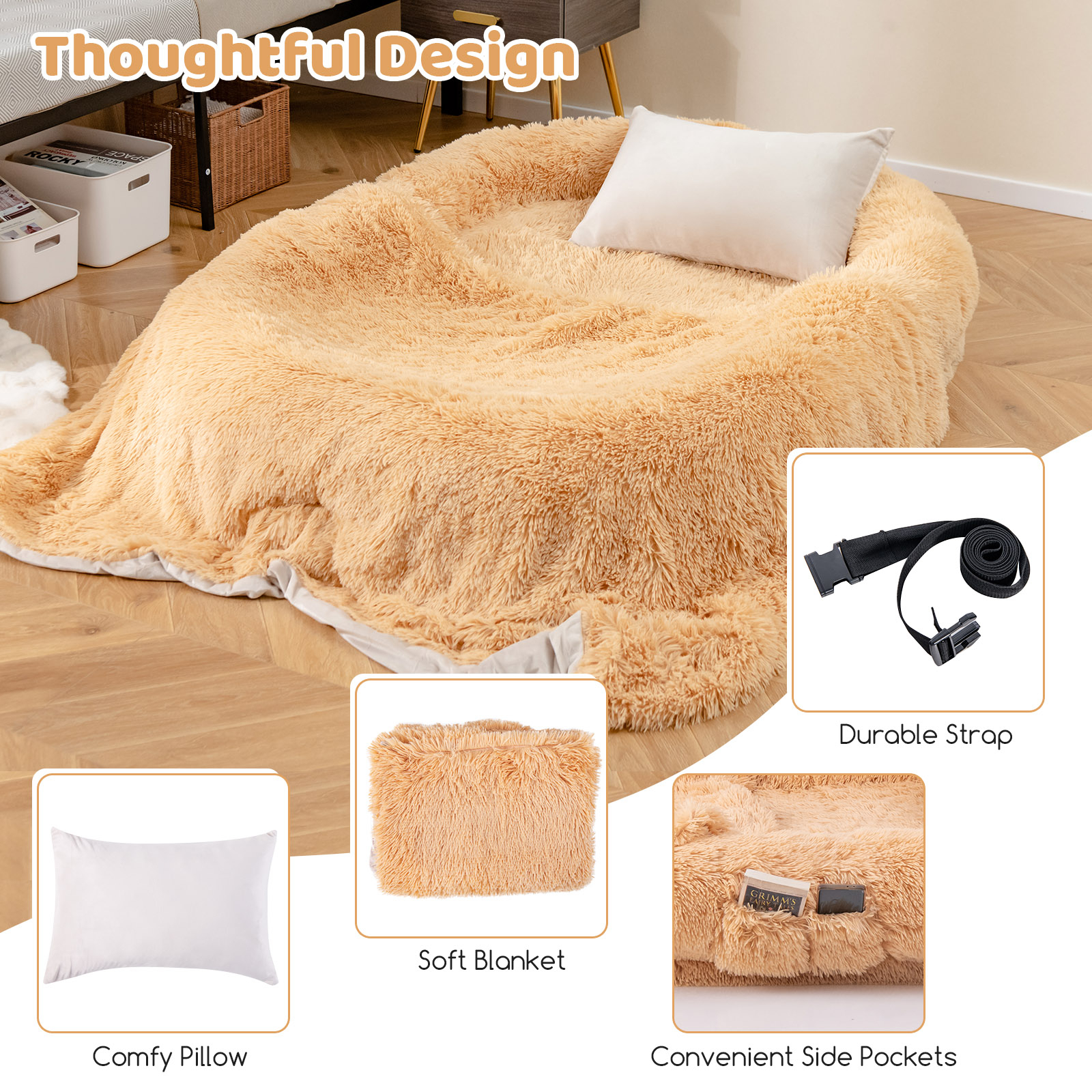 Furfurst Washable Fluffy Human Dog Bed with Soft Blanket and Plump Pillow