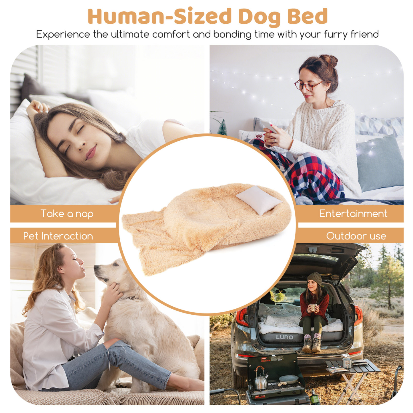 Furfurst Washable Fluffy Human Dog Bed with Soft Blanket and Plump Pillow