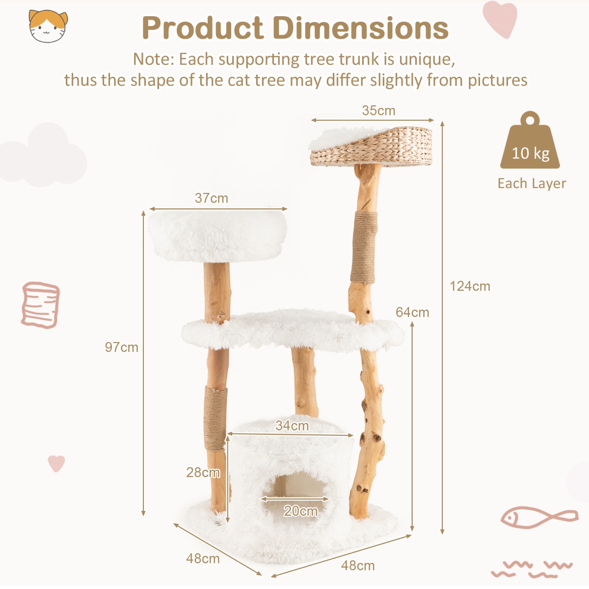 Furfurst 124 CM Tall Wooden Cat Tree with Jute Scratching Posts For Pet
