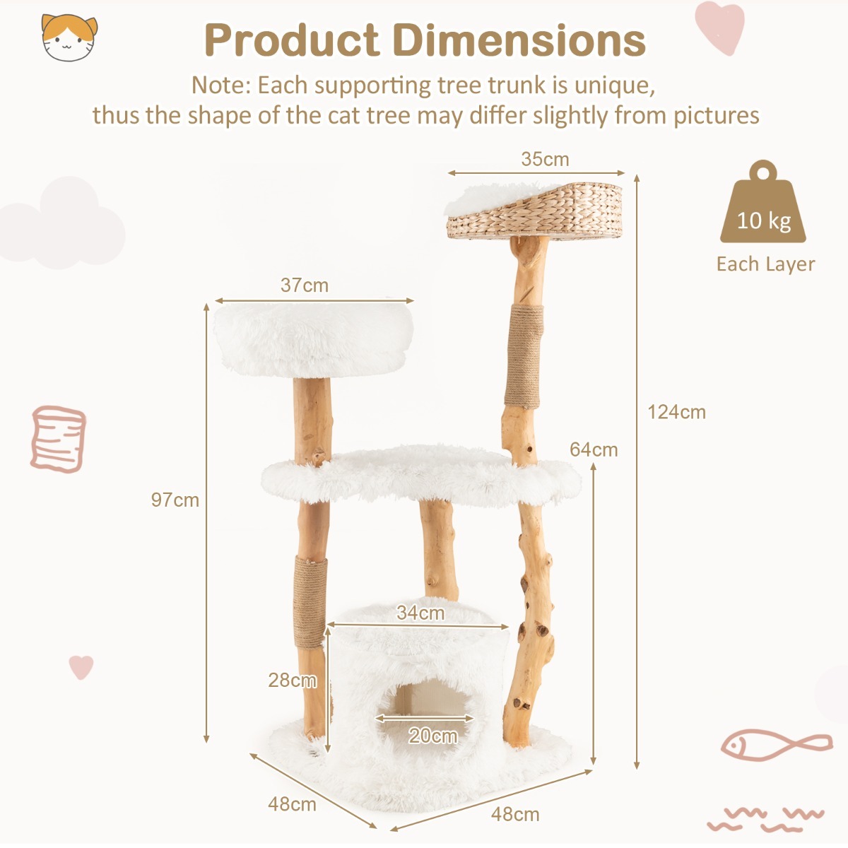 Furfurst 124 CM Tall Wooden Cat Tree with Jute Scratching Posts For Pet