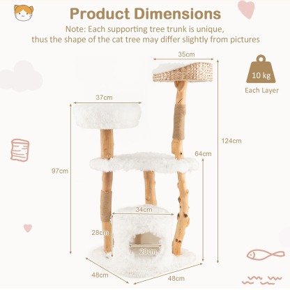 Furfurst 124 CM Tall Wooden Cat Tree with Jute Scratching Posts For Pet