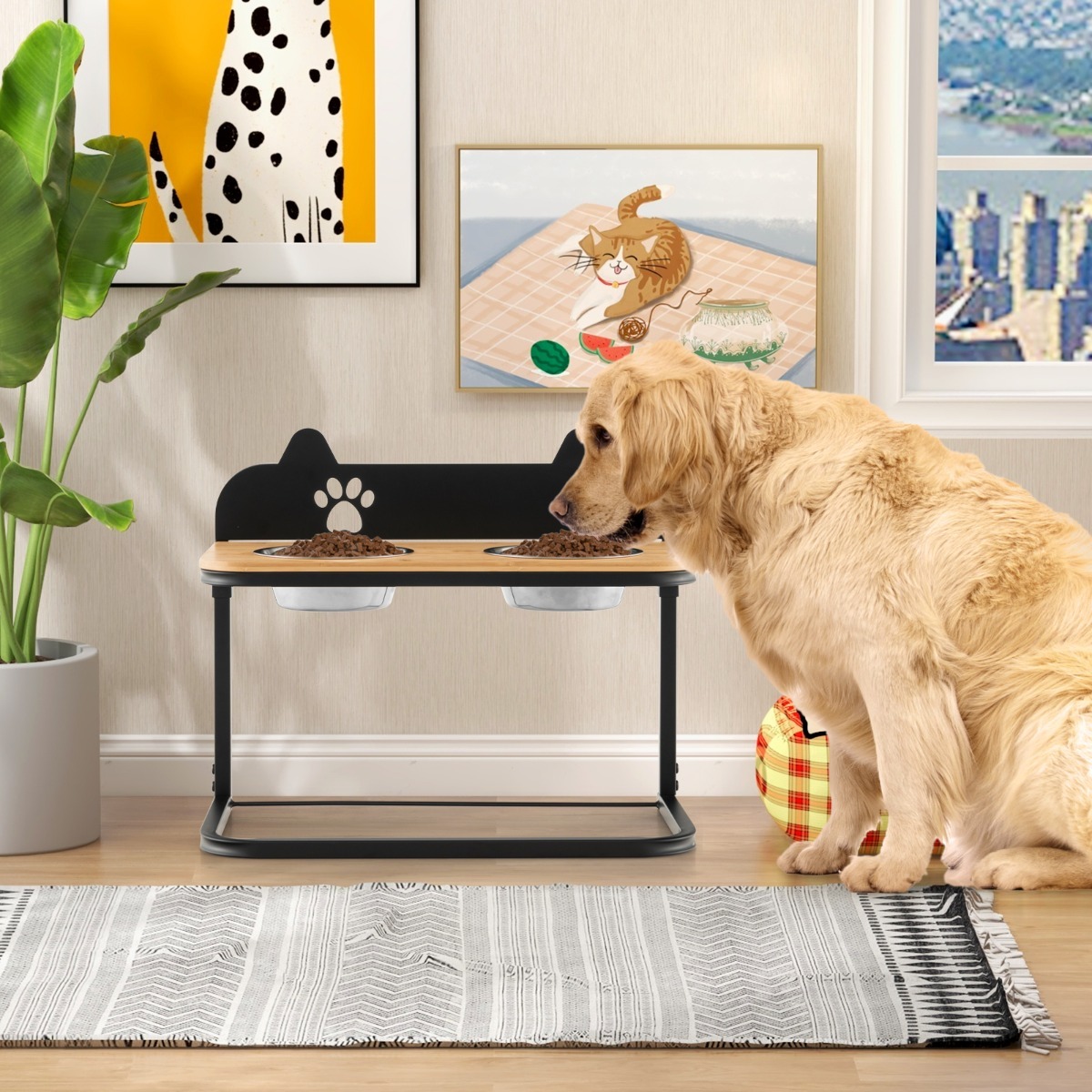 Metal Raised Dog Bowl Stand with 2 Stainless Steel Food Water Bowls for Medium/Large Dogs