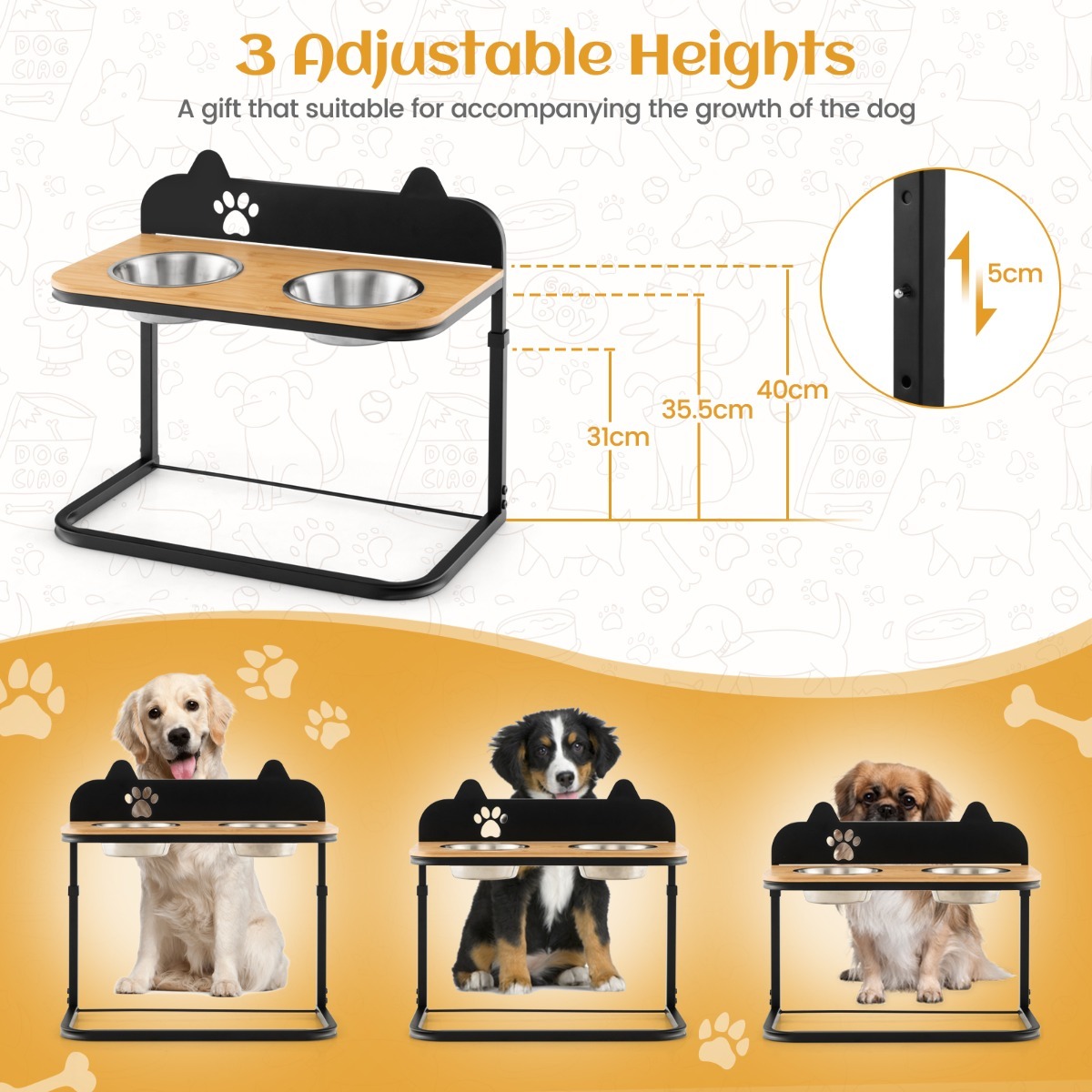Metal Raised Dog Bowl Stand with 2 Stainless Steel Food Water Bowls for Medium/Large Dogs