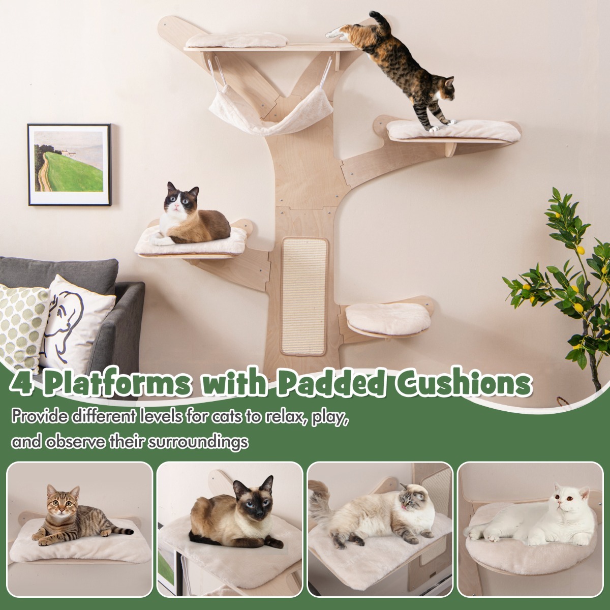 Wall-Mounted Cat Tower with 4 Platforms and Sisal Scratching Mat