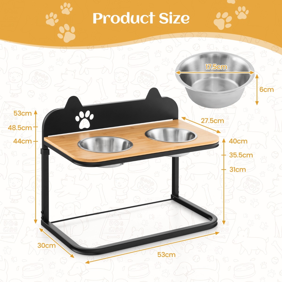 Metal Raised Dog Bowl Stand with 2 Stainless Steel Food Water Bowls for Medium/Large Dogs
