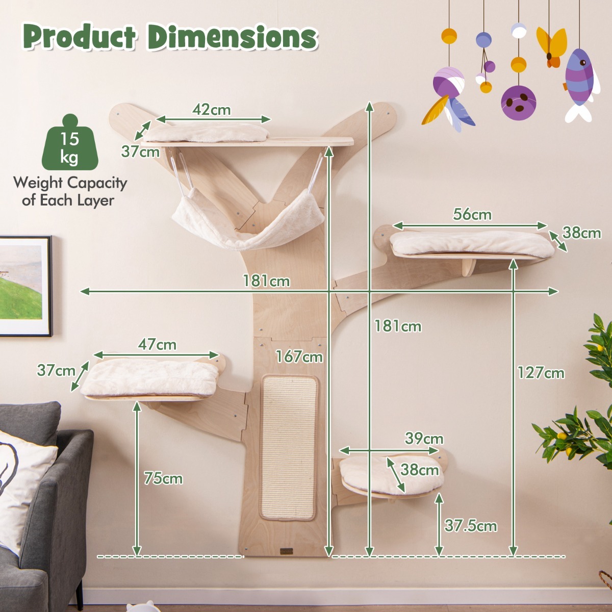 Wall-Mounted Cat Tower with 4 Platforms and Sisal Scratching Mat