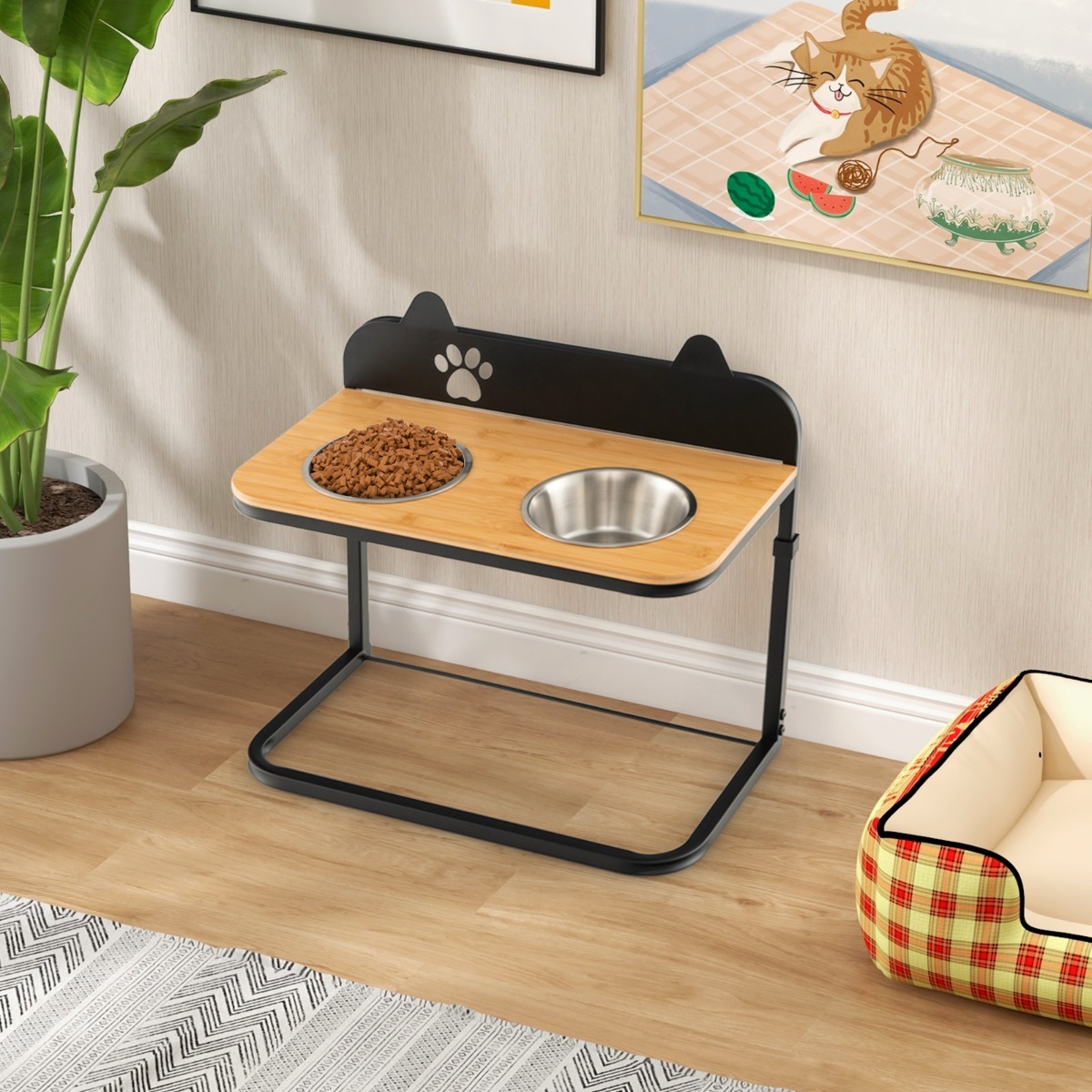 Metal Raised Dog Bowl Stand with 2 Stainless Steel Food Water Bowls for Medium/Large Dogs