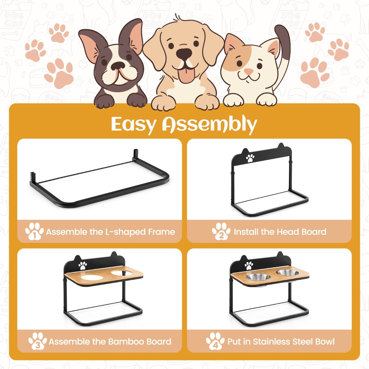 Metal Raised Dog Bowl Stand with 2 Stainless Steel Food Water Bowls for Medium/Large Dogs