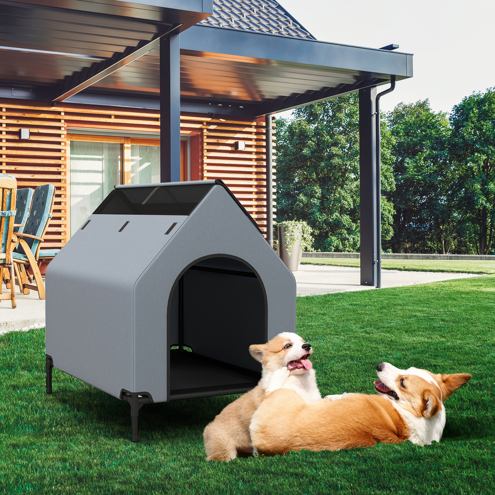 Outdoor Elevated Pet House with Ventilated Windows