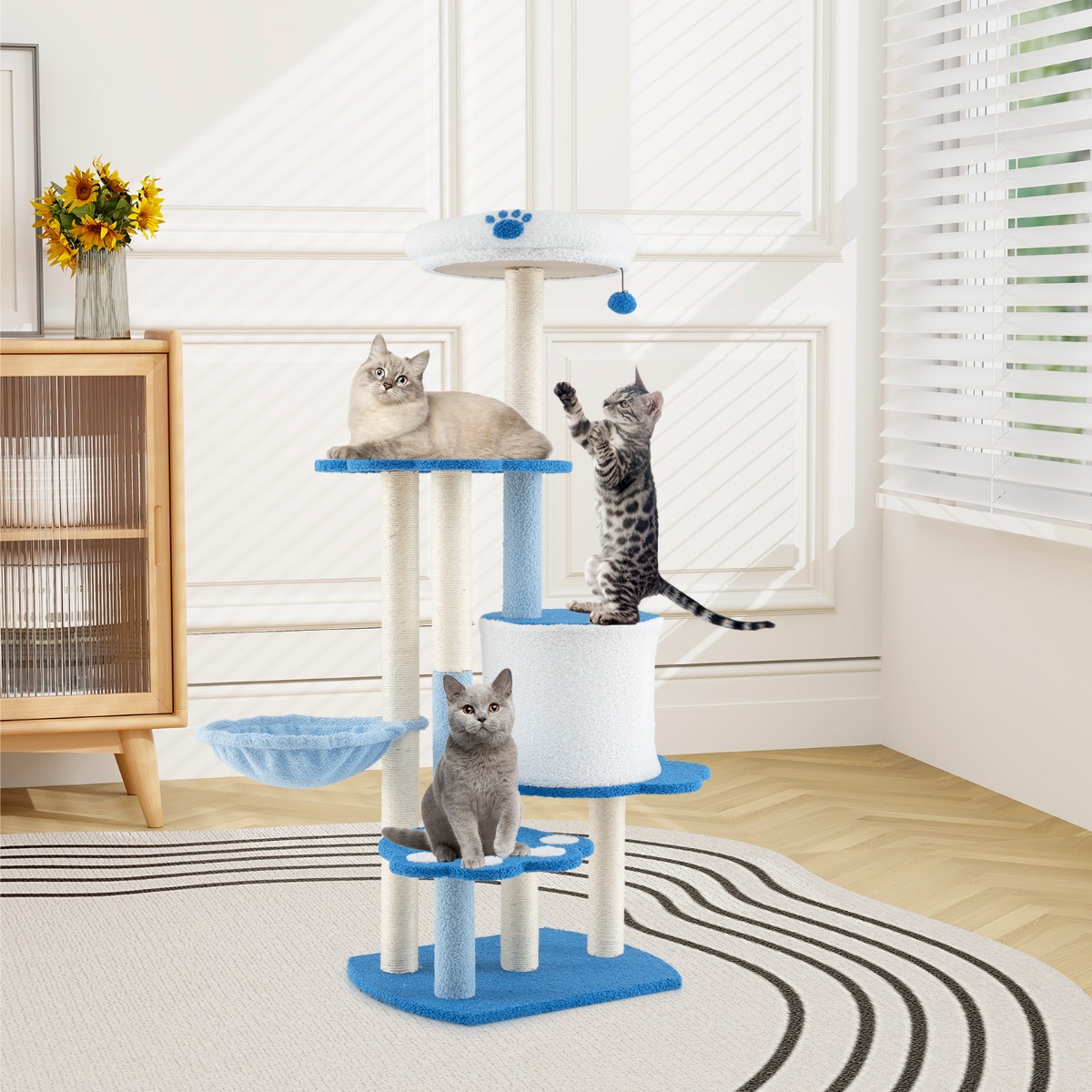 137cm Tall Modern Cat Tree Tower with Sisal Scratching Posts and Dangling Ball