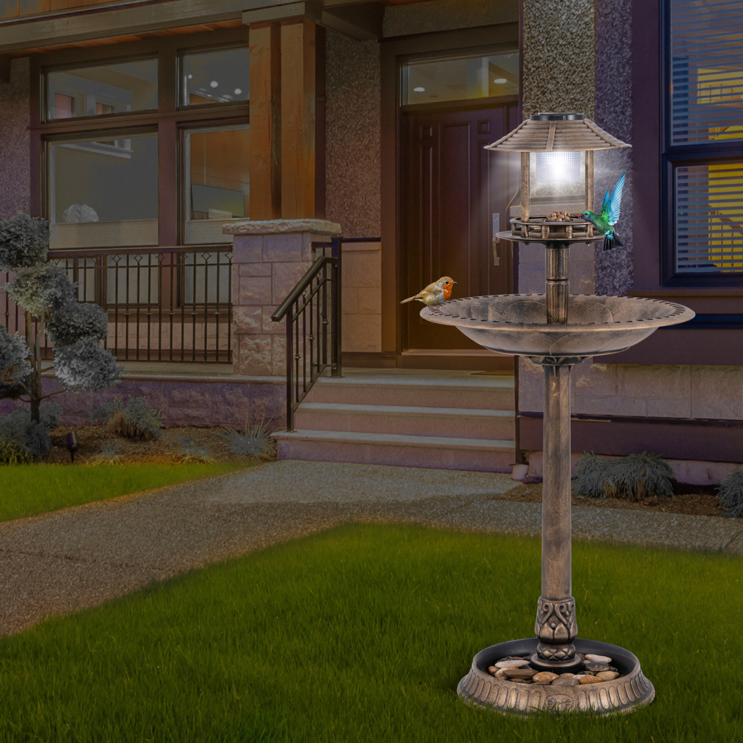Furfurst Pedestal Bird Bath with Solar Light with Bird Feeder and Flower Planter