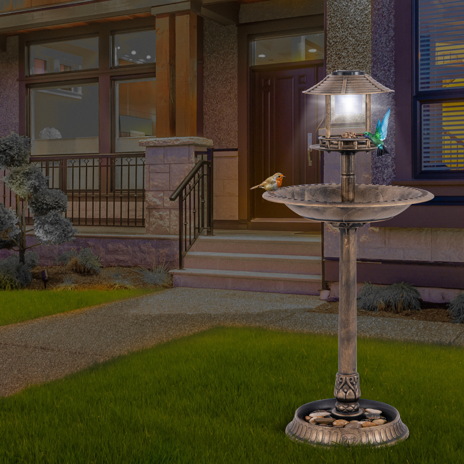 Furfurst Pedestal Bird Bath with Solar Light with Bird Feeder and Flower Planter