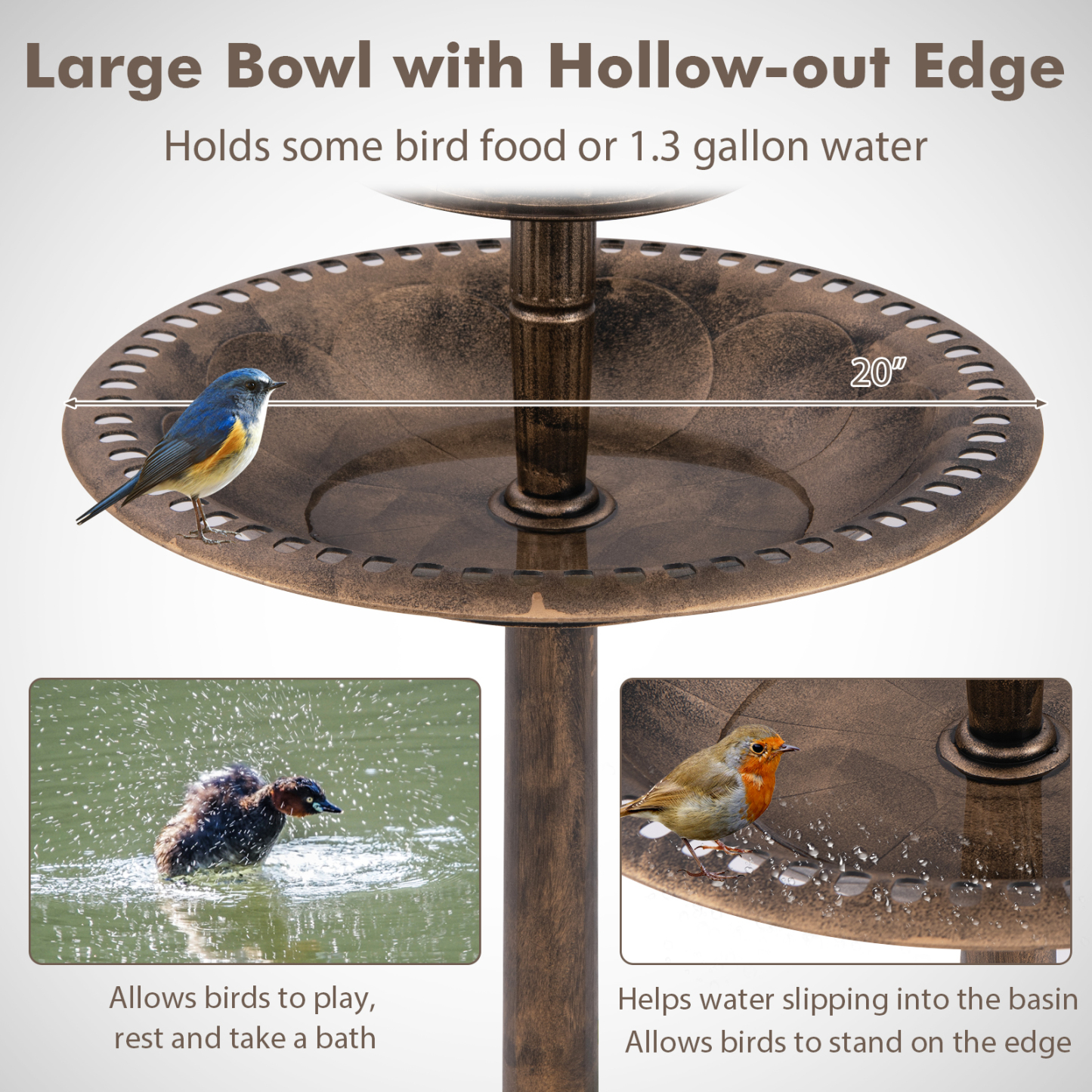 Furfurst Pedestal Bird Bath with Solar Light with Bird Feeder and Flower Planter