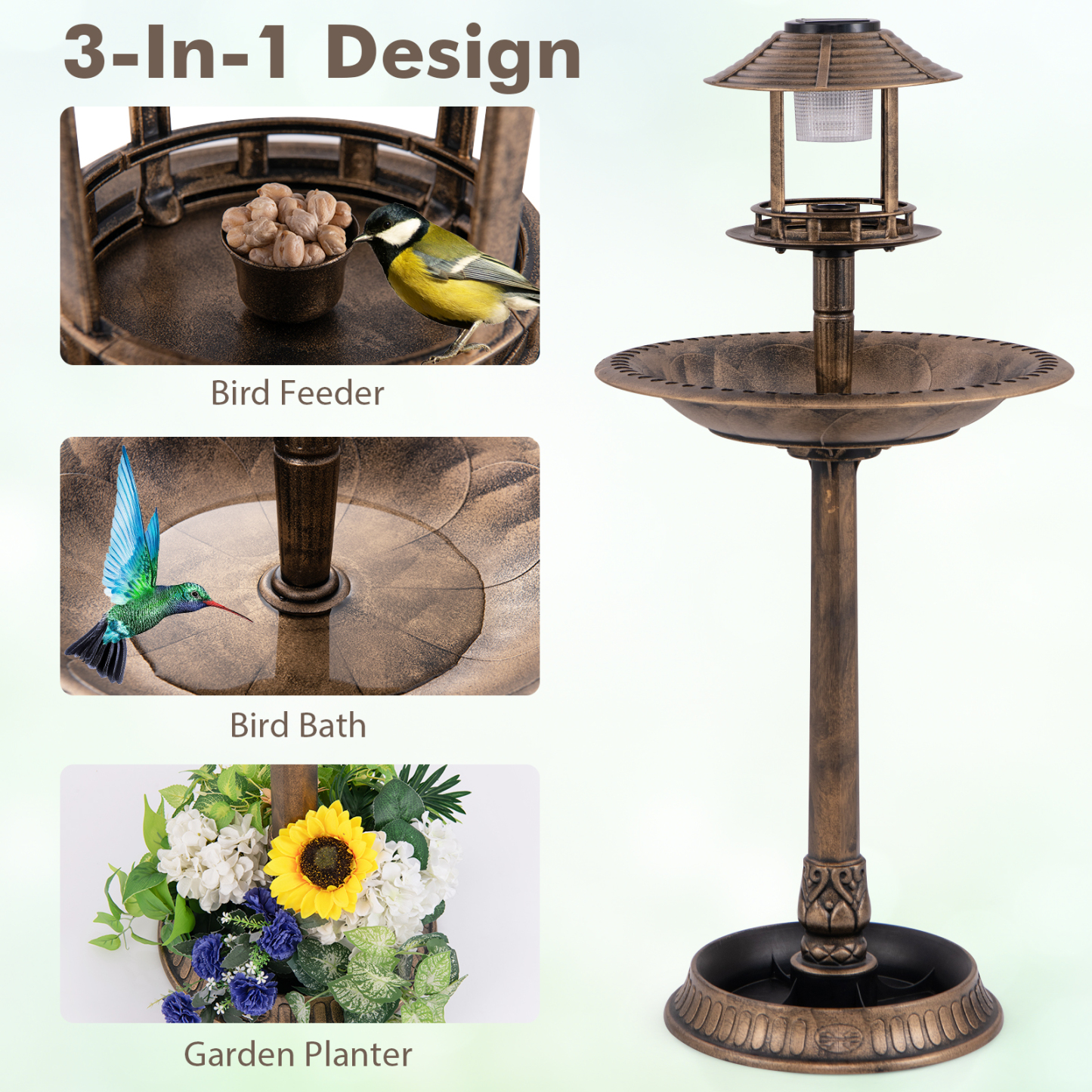 Furfurst Pedestal Bird Bath with Solar Light with Bird Feeder and Flower Planter