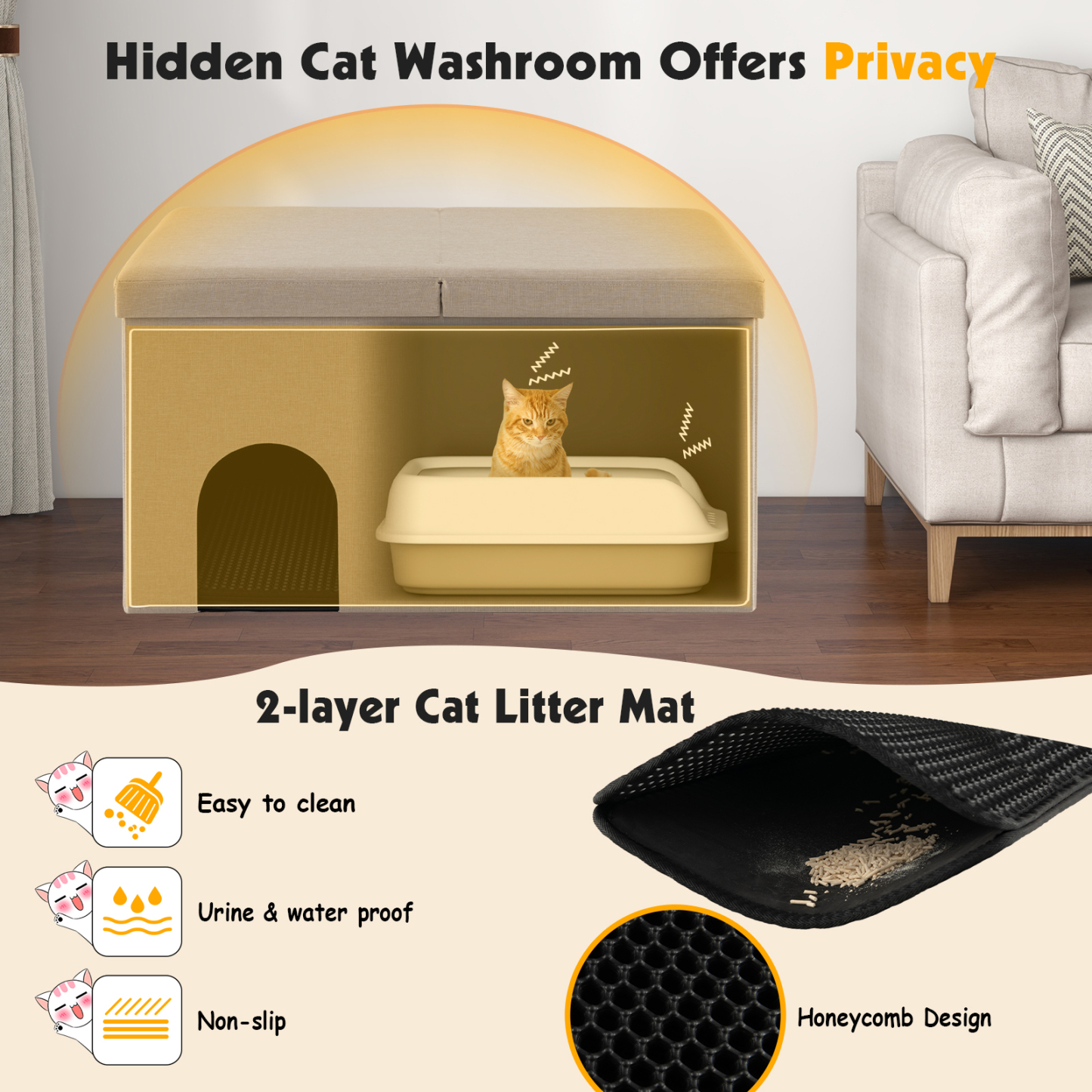 Furfurst Cat Litter Box Enclosure Hidden Furniture with Urine Proof Litter Mat