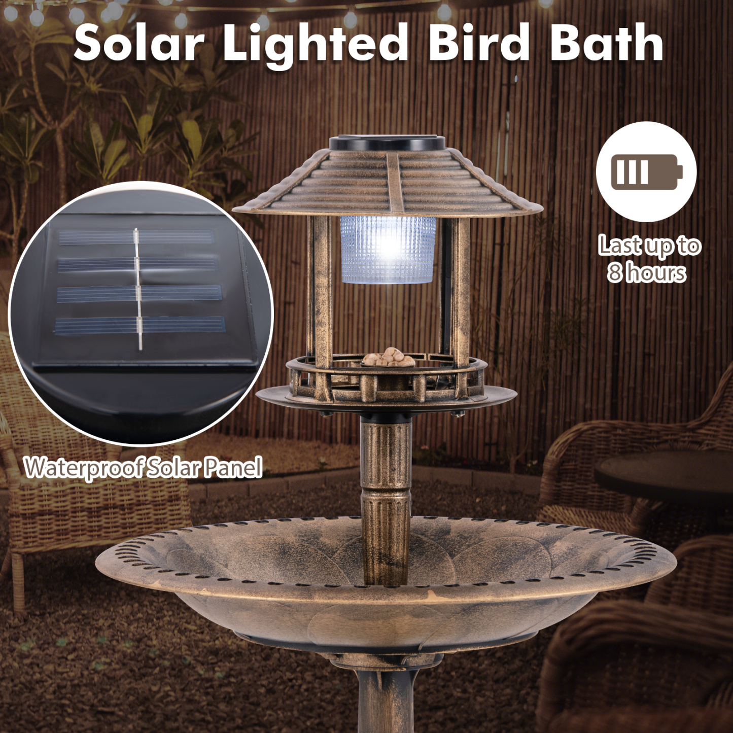 Furfurst Pedestal Bird Bath with Solar Light with Bird Feeder and Flower Planter