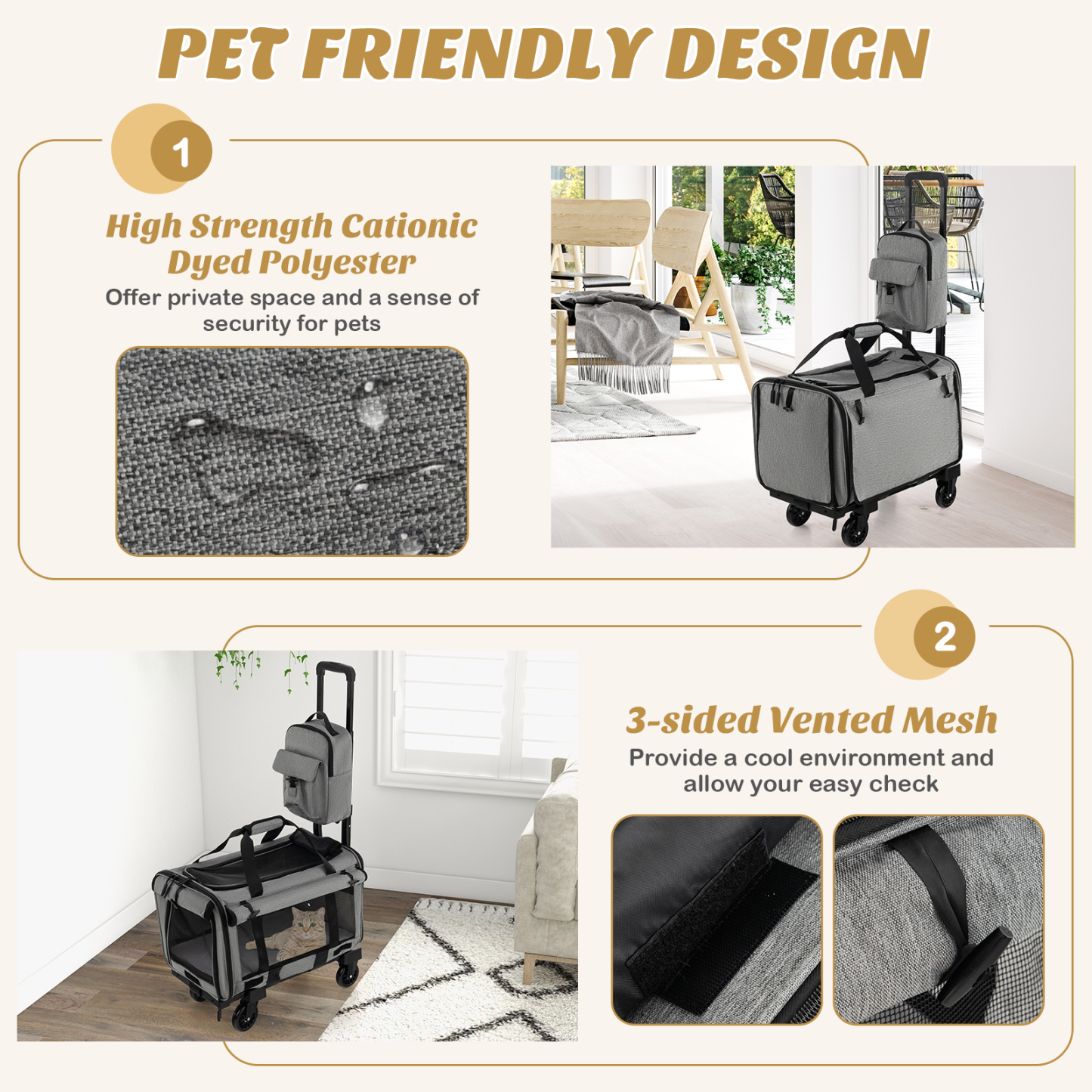 Furfurst Rolling Cat Carrier with Litter Bag and Dual-use Pads