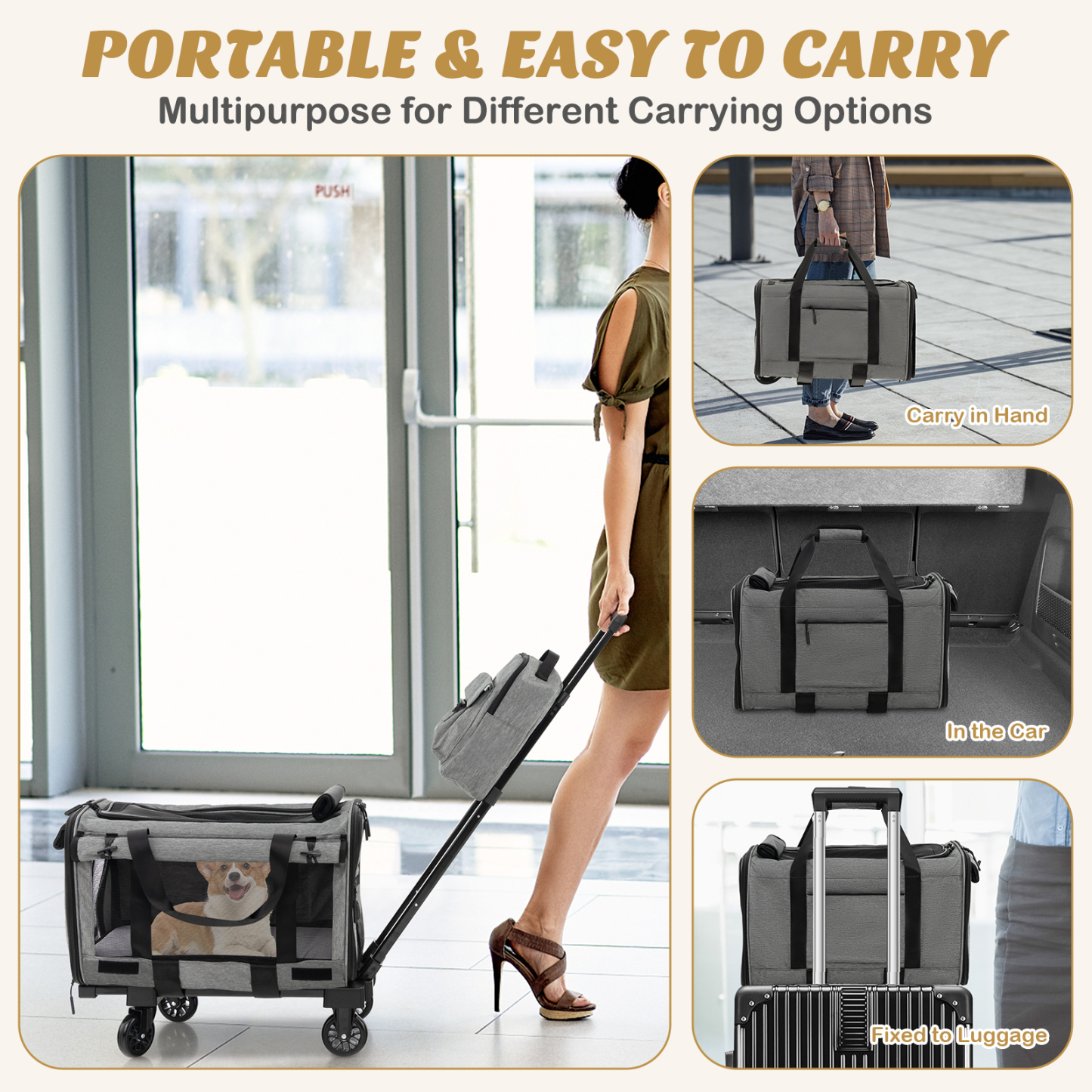 Furfurst Rolling Cat Carrier with Litter Bag and Dual-use Pads