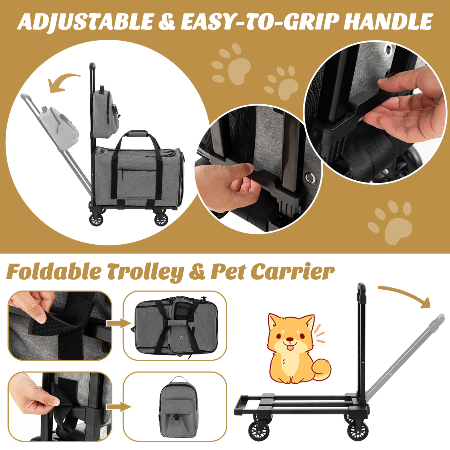 Furfurst Rolling Cat Carrier with Litter Bag and Dual-use Pads