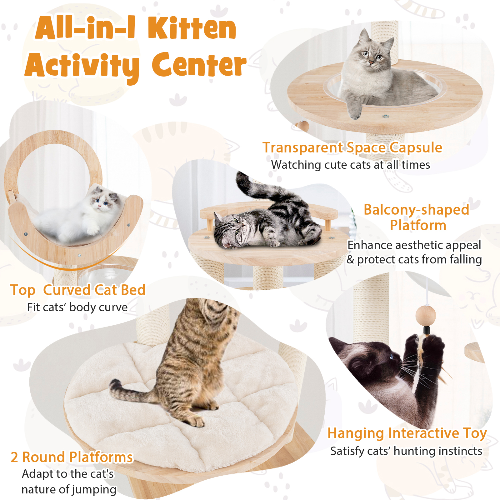 4-in-1 Large Wooden Cat Tower with Space Capsule Nest for Indoor Cats