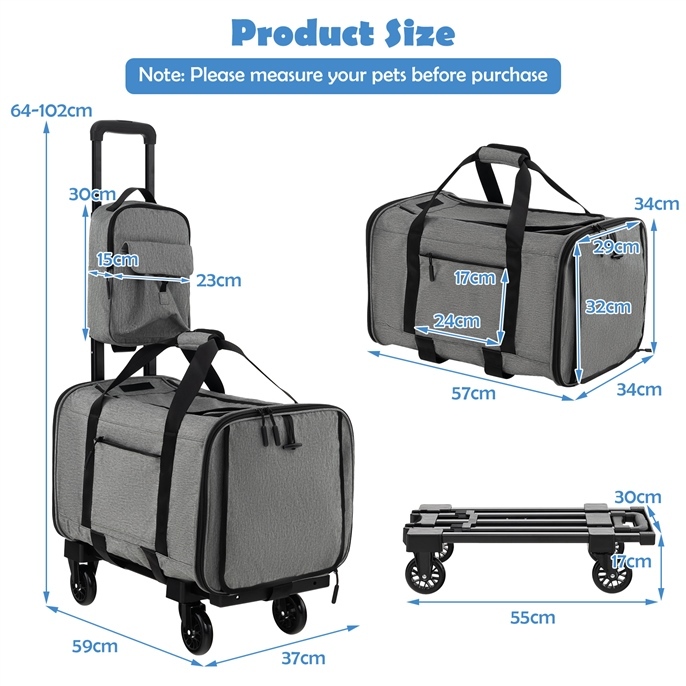Furfurst Rolling Cat Carrier with Litter Bag and Dual-use Pads