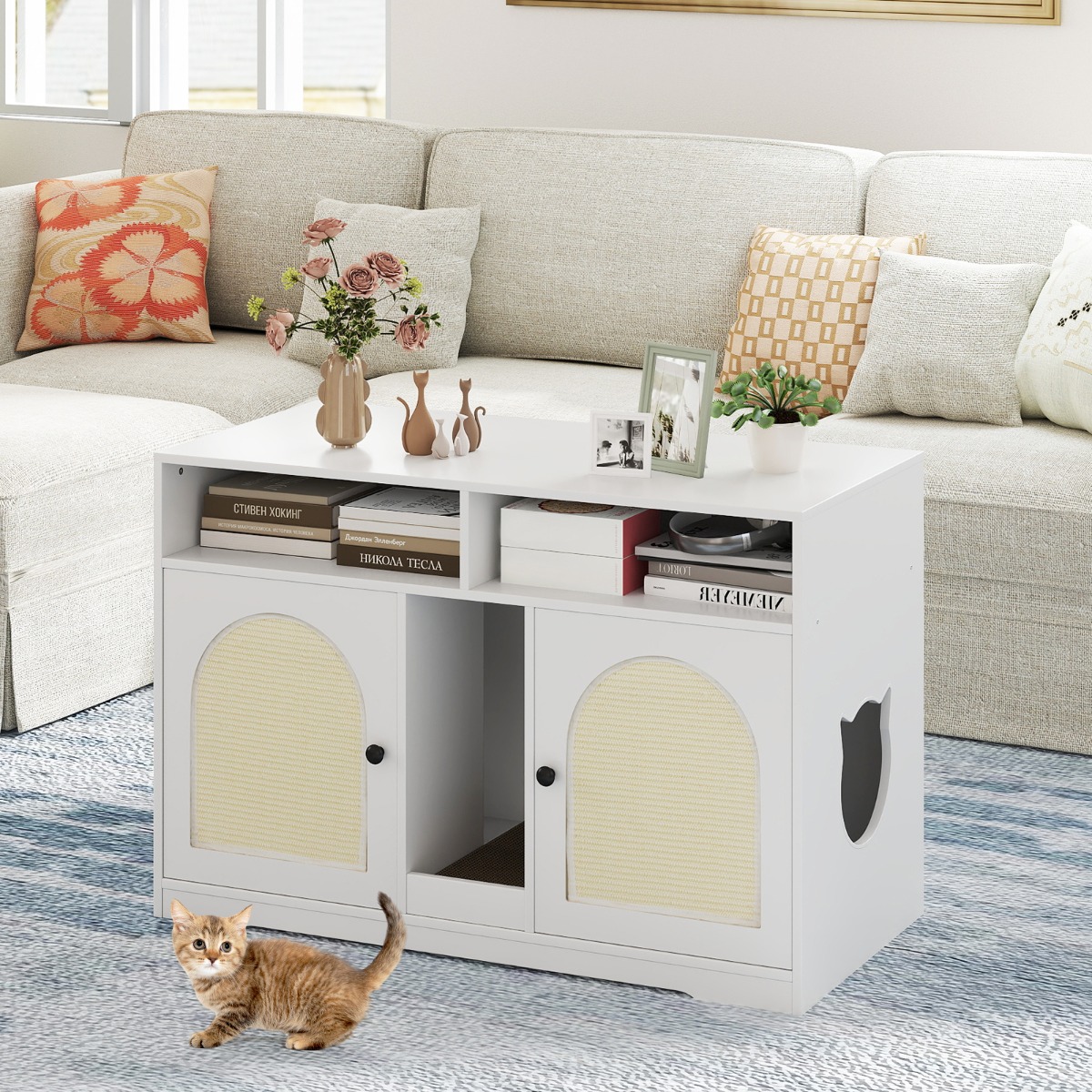 Furfurst Cat Litter Box Enclosure with Storage and Double Rooms for 2 Cats
