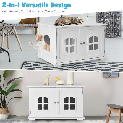 Furfurst Cat Hidden Litter Box Enclosure with Cross Windows & Double Door