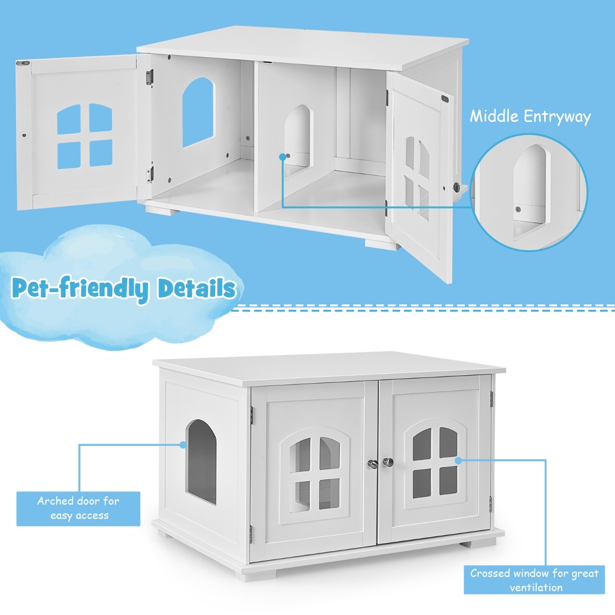 Furfurst Cat Hidden Litter Box Enclosure with Cross Windows & Double Door
