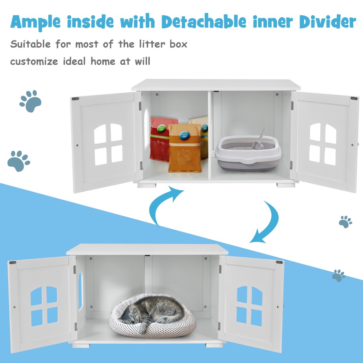 Furfurst Cat Hidden Litter Box Enclosure with Cross Windows & Double Door