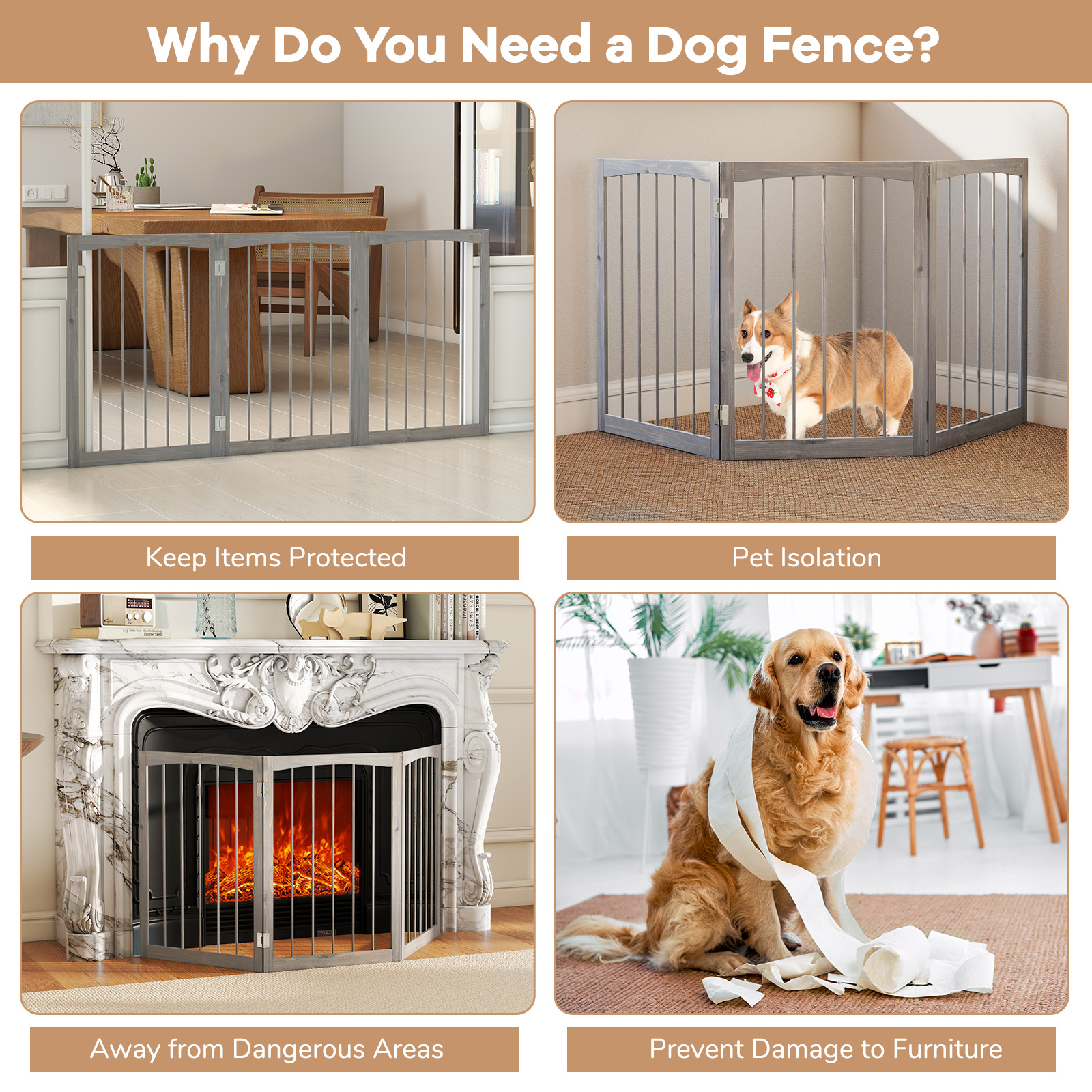 Dog Gate, 76 cm Tall Wooden Pet Fence for Indoor House Doorway Hallway Stairs Porch