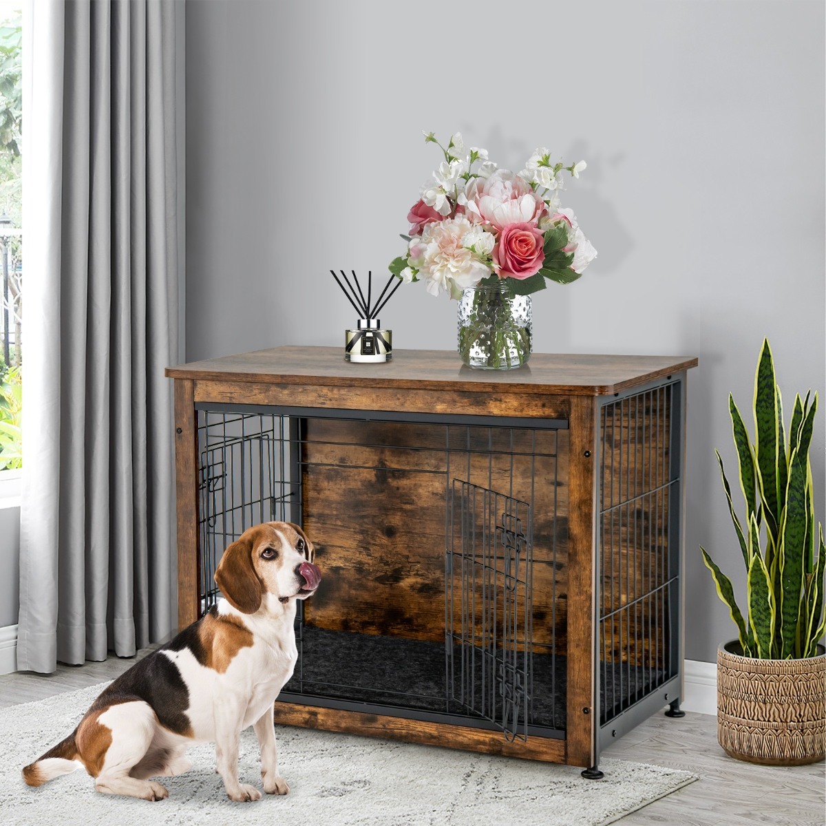 Furfurst Wooden Dog Cage Furniture with Double Doors and Cushion