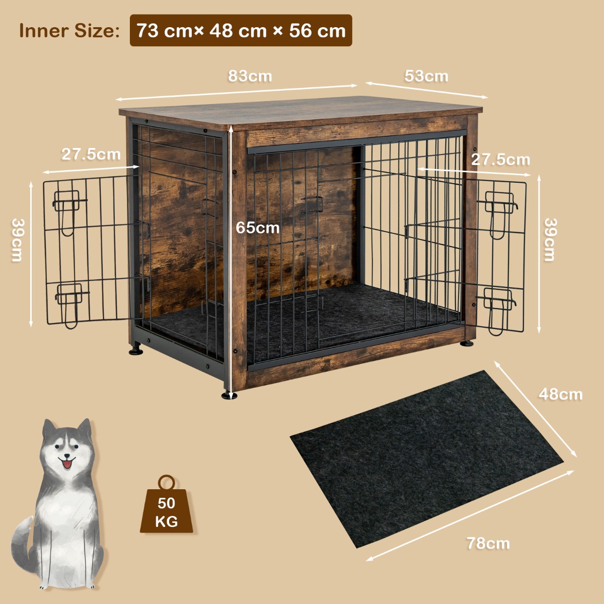 Furfurst Wooden Dog Cage Furniture with Double Doors and Cushion
