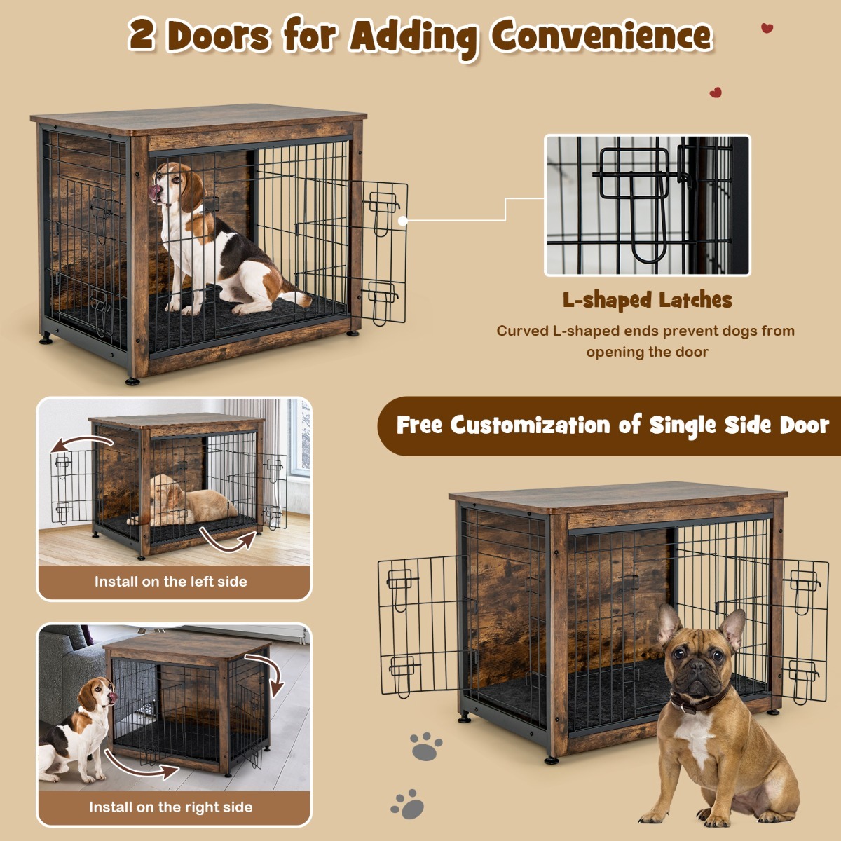 Furfurst Wooden Dog Cage Furniture with Double Doors and Cushion
