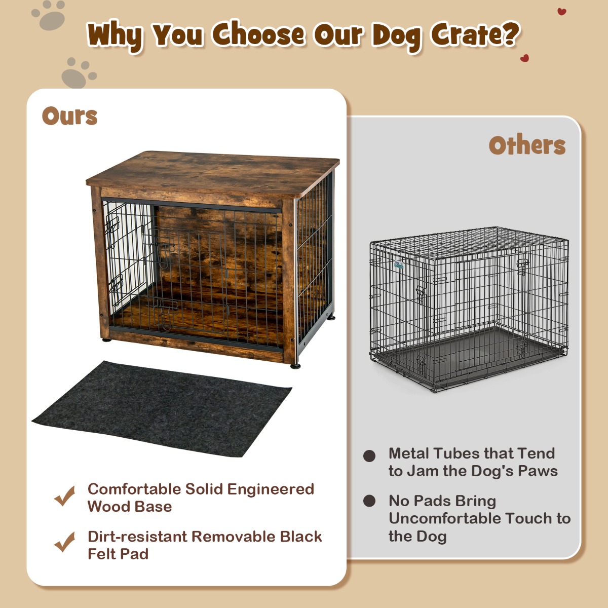 Furfurst Wooden Dog Cage Furniture with Double Doors and Cushion