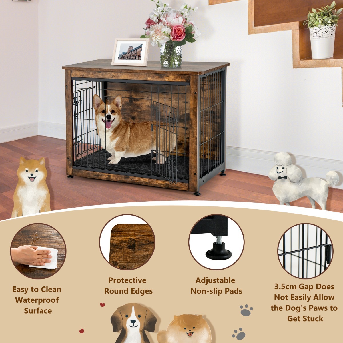 Furfurst Wooden Dog Cage Furniture with Double Doors and Cushion