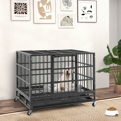 Furfurst Foldable Heavy-Duty Metal Dog Cage with Lockable Rolling Casters