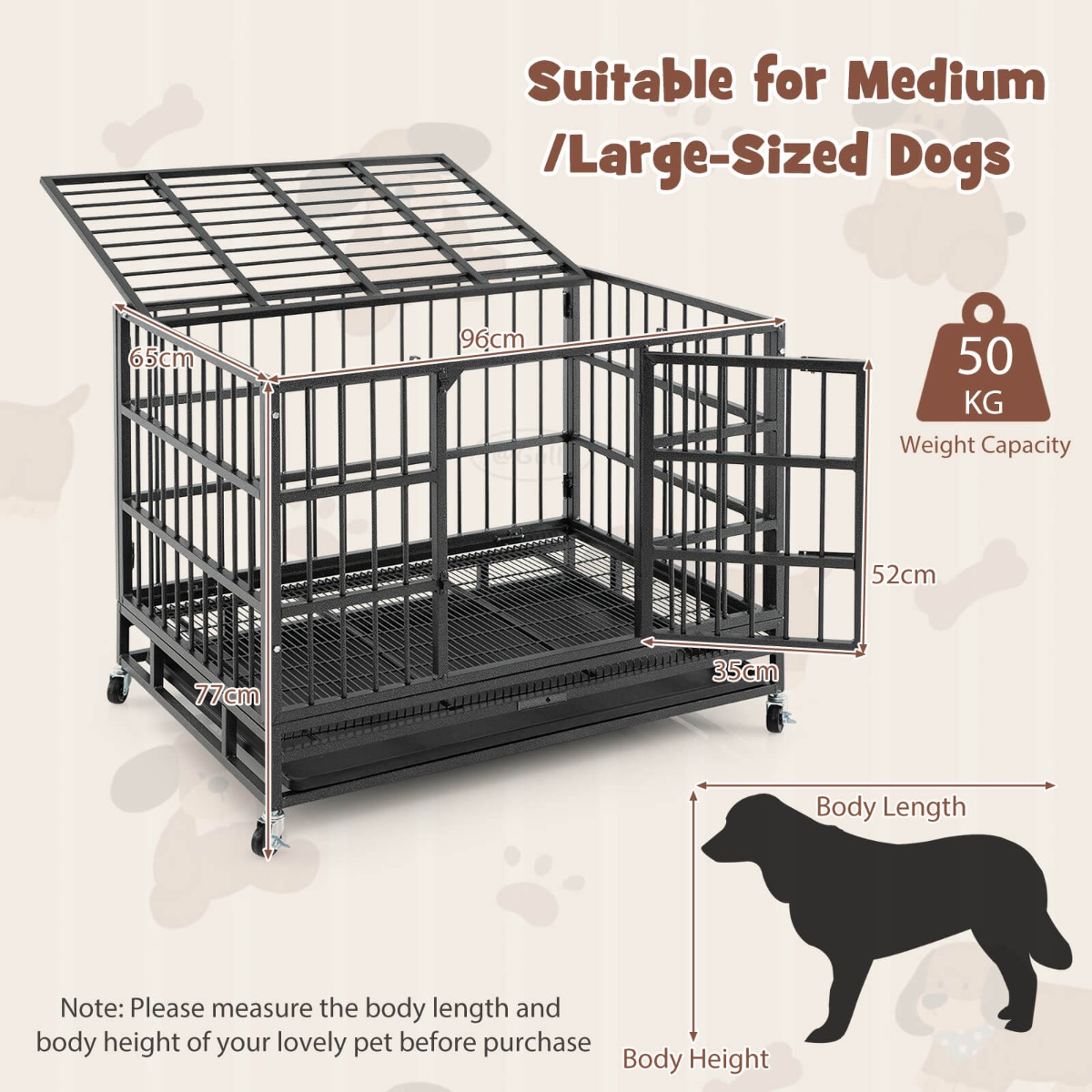 Furfurst Foldable Heavy-Duty Metal Dog Cage with Lockable Rolling Casters