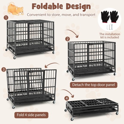 Furfurst Foldable Heavy-Duty Metal Dog Cage with Lockable Rolling Casters