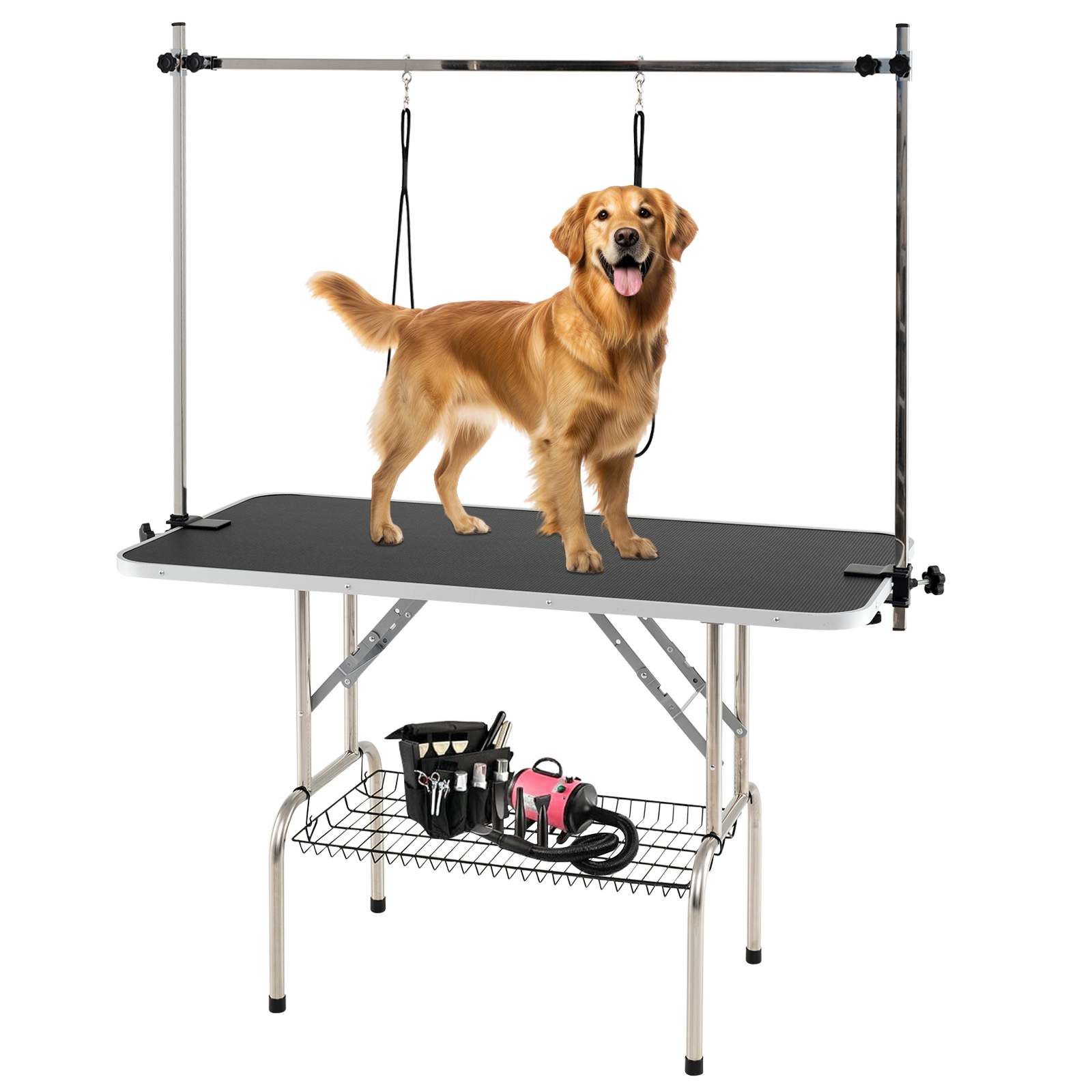 Dog Grooming Table, Foldable Home Pet Bathing Station with Height Adjustable Arms